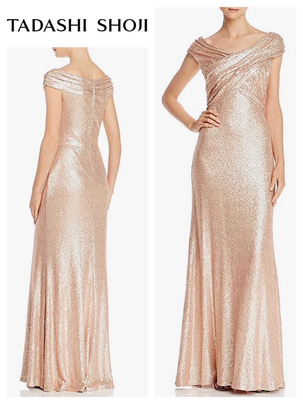TADASHI SHOJI Whitson Off-The-Shoulder Sequin Gown in Champagne